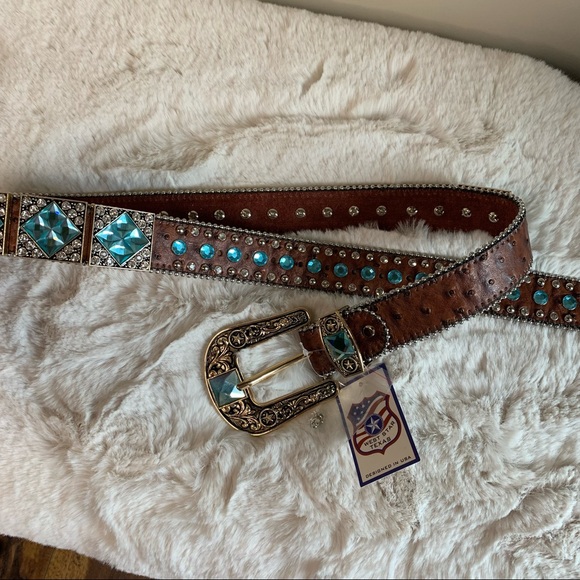 Men's West Star Texas Leather Bling Belt with Blue Crystal Conchos Size Large - Picture 4 of 11